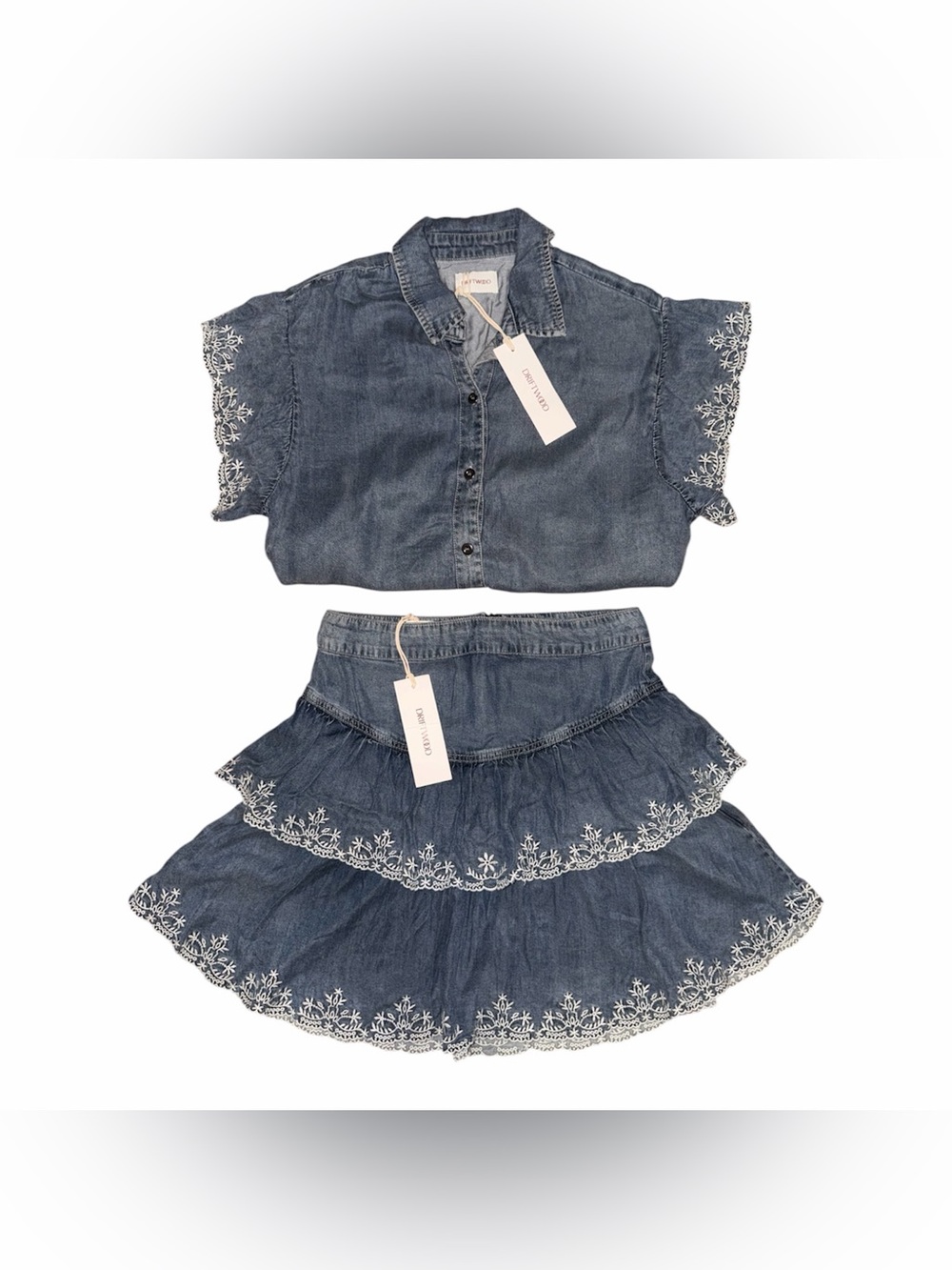 DRIFTWOOD denim tiered skirt and embroidered top set